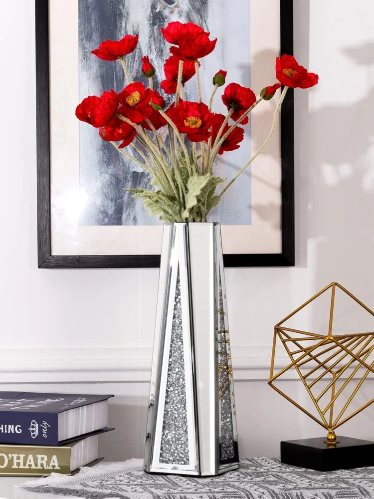 Grand vase miroir argenté à facettes, 33 cm