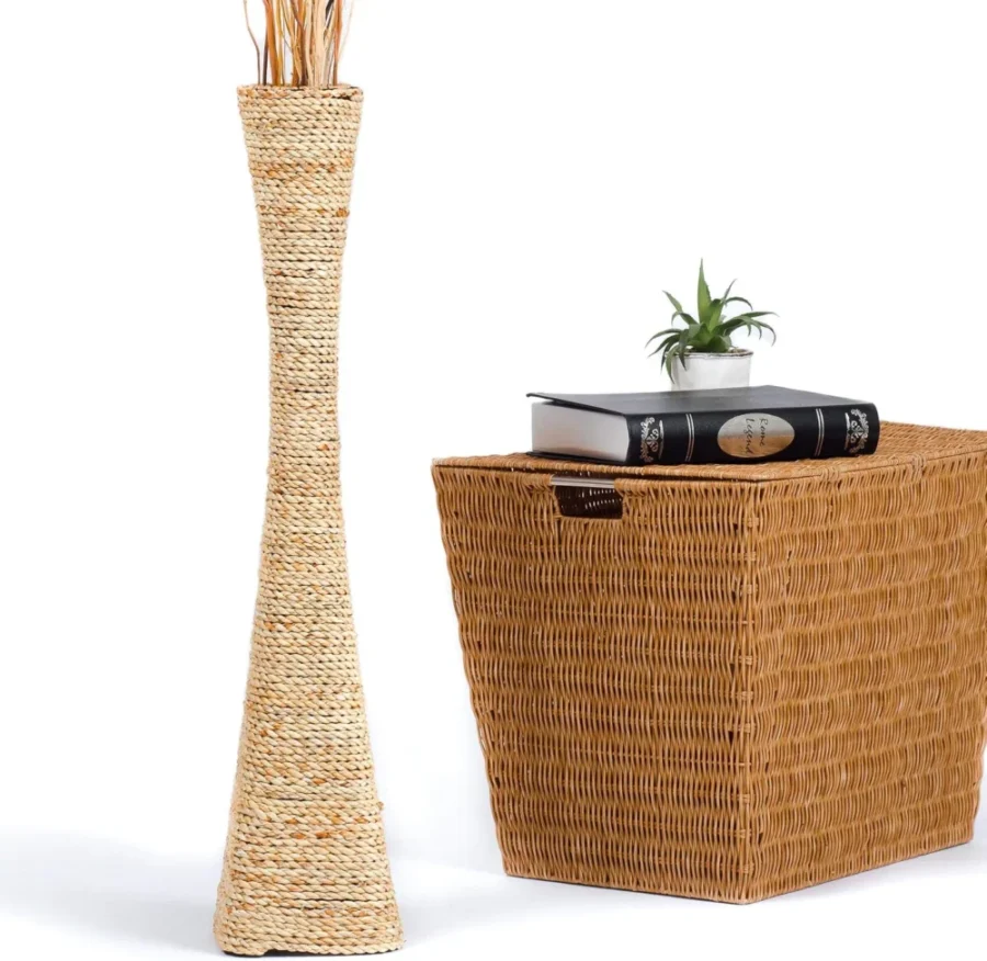 Grand vase sur pied en fibre naturelle écru, 70 cm