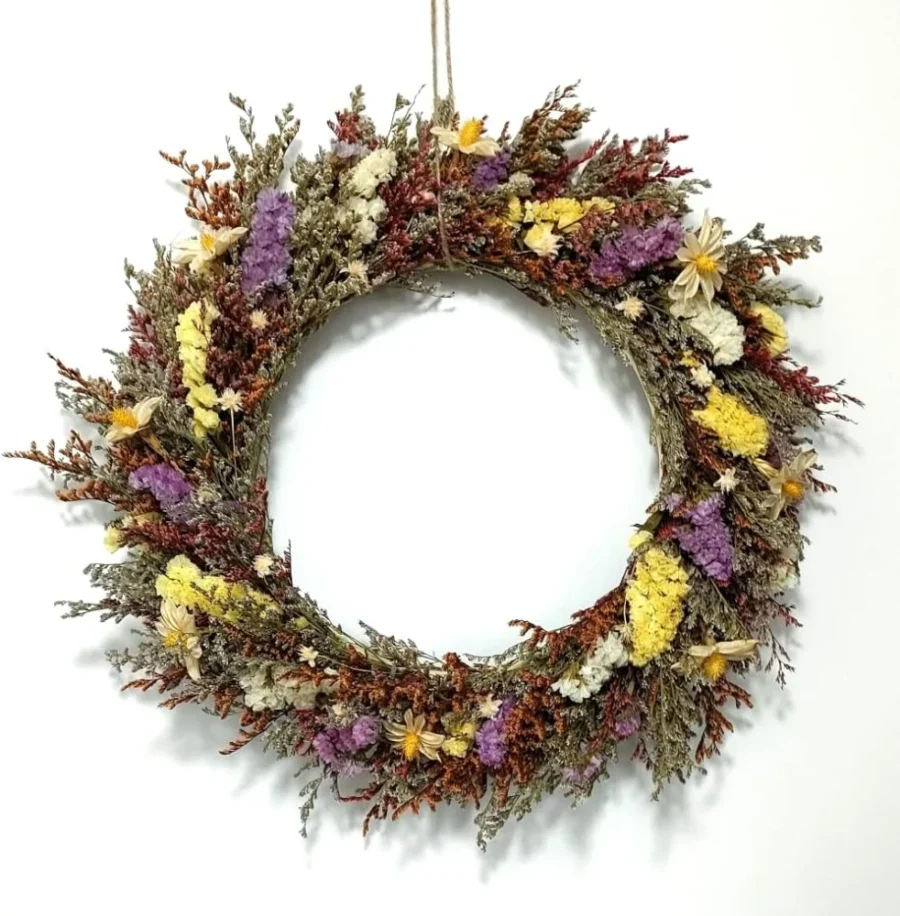 Grande couronne de fleurs séchées rustique, 43 cm