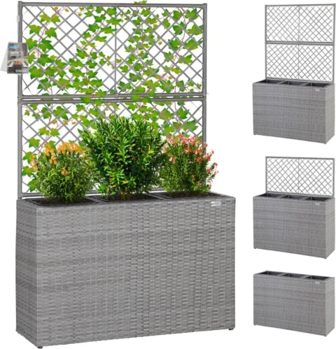 Jardinière à 3 pots avec treillis en polyrotin, gris
