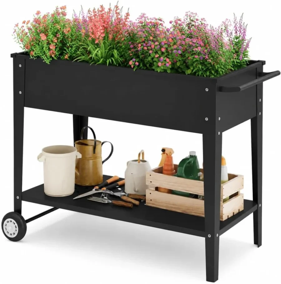 Jardinière potager sur roues avec étagère 104 x 80 cm