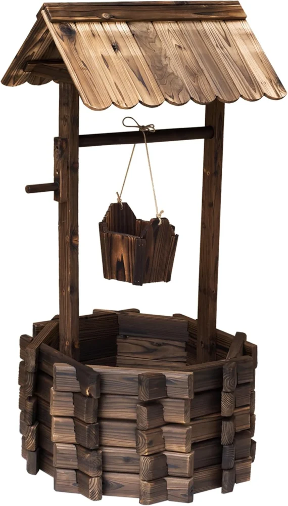 Jardinière puits à souhaits en bois, avec seau suspendu