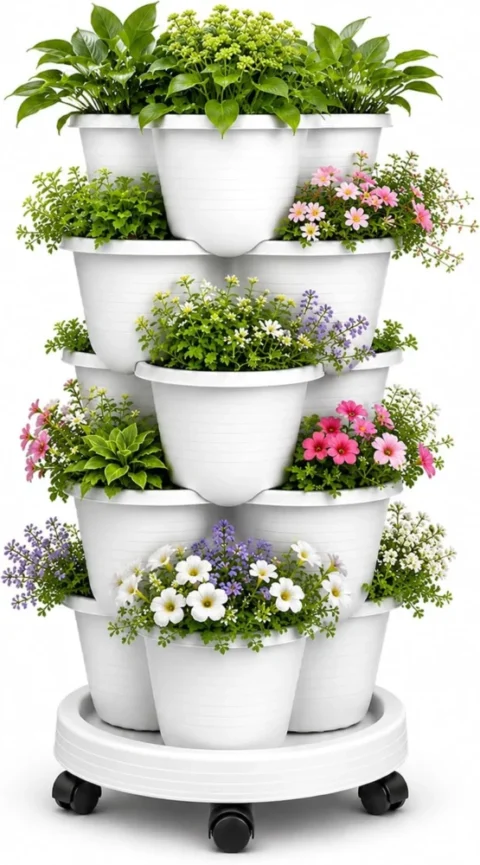 Jardinière sur pied blanche, 5 niveaux, à roulettes