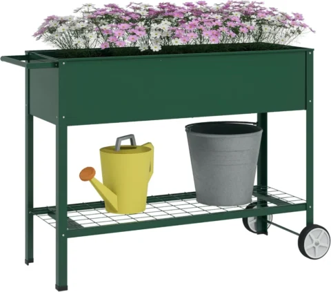 Jardinière sur pieds avec étagère intégrée, 109 cm, verte