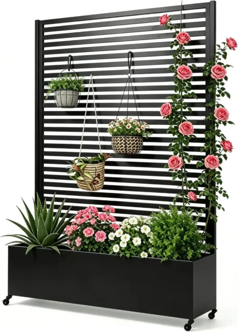 Jardinière sur roulettes avec treillis brise-vue, 185 cm