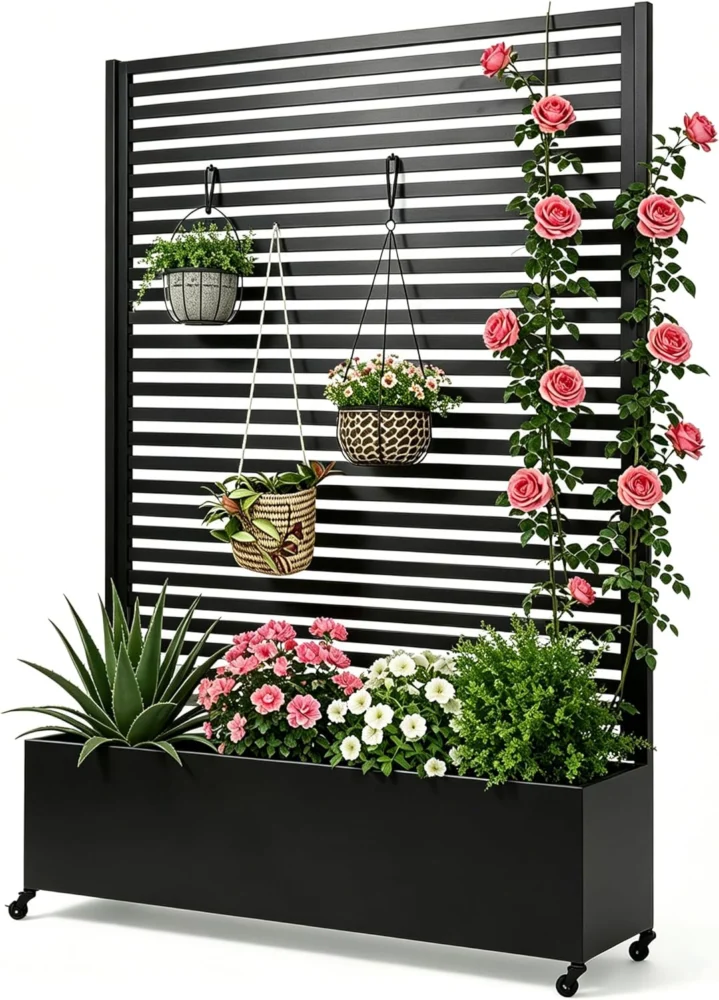 Jardinière sur roulettes avec treillis brise-vue, 185 cm
