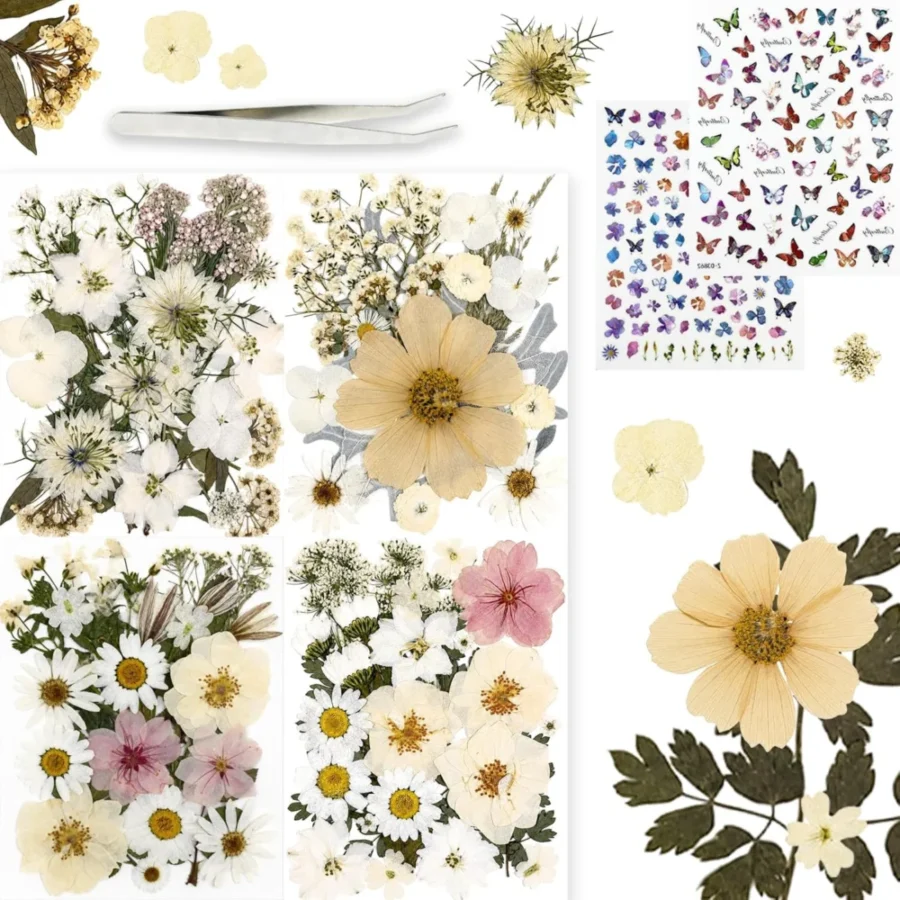 Kit de 200 pièces fleurs séchées blanches et stickers