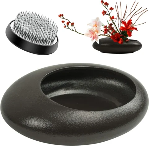 Kit ikebana vase et grenouille fleurie, céramique marron