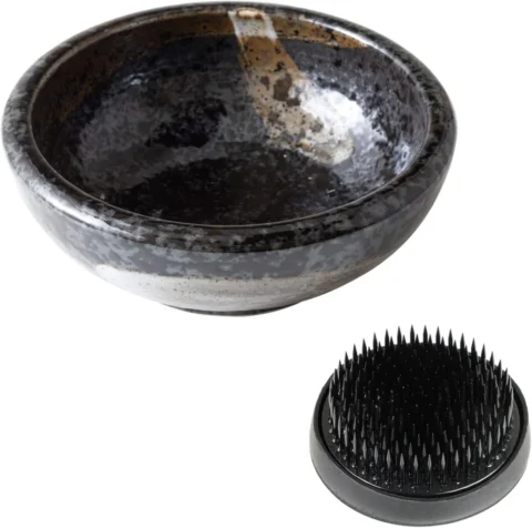 Kit ikebana vase rond noir et kenzan, Wazakura