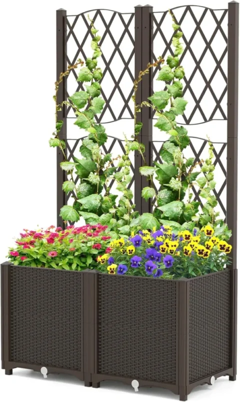 Lit de jardin surélevé avec treillis auto-arrosant, 140 cm