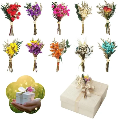 Lot de 10 mini-bouquets de fleurs séchées, 8 teintes