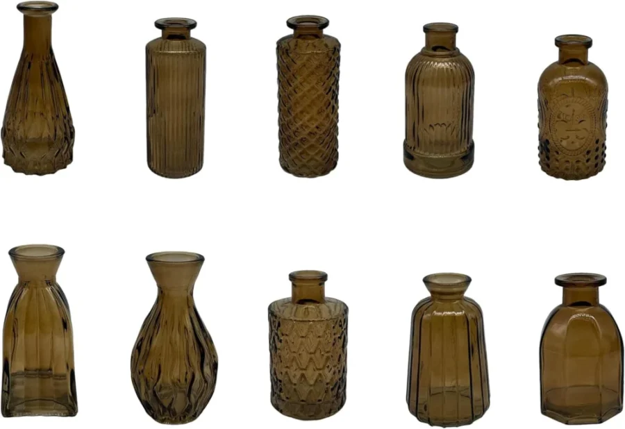 Lot de 10 mini vases vintage en verre marron