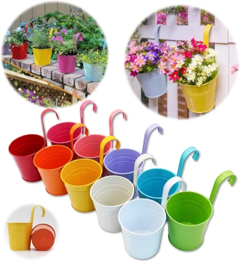 Lot de 10 pots de fleurs en métal coloré avec crochet