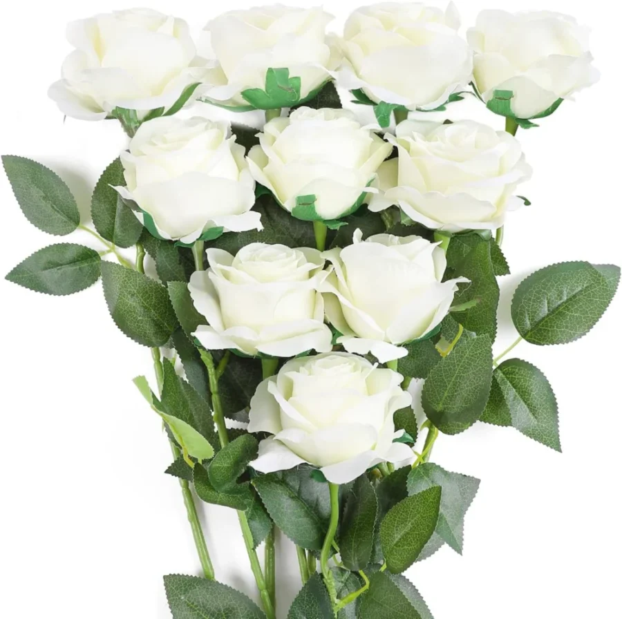 Lot de 10 roses artificielles blanches à tige haute
