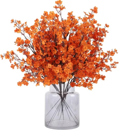 Lot de 12 gypsophiles artificielles orange, avec vase