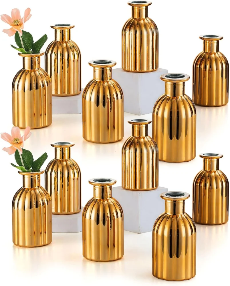 Lot de 12 mini vases bourgeon en verre doré