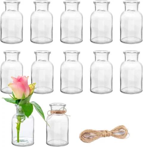 Lot de 12 mini vases en verre, 125 ml, ficelle jute