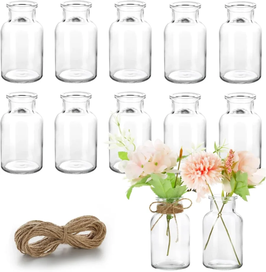 Lot de 12 mini vases en verre avec ficelle de jute