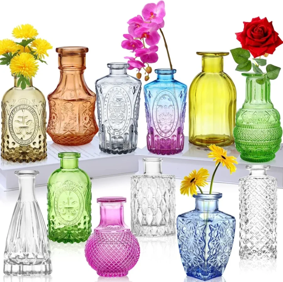 Lot de 12 mini vases vintage en verre transparent