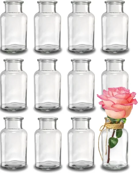 Lot de 12 petits vases en verre avec cordon jute, 12,5 cm
