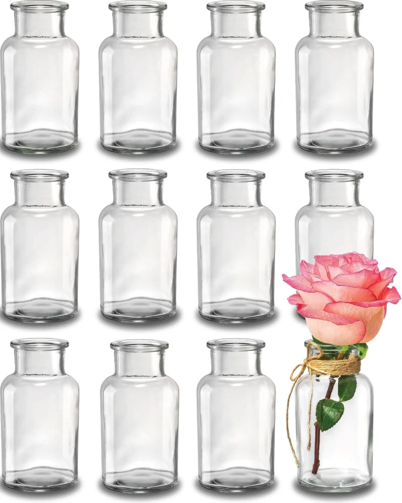 Lot de 12 petits vases en verre avec cordon jute, 12,5 cm