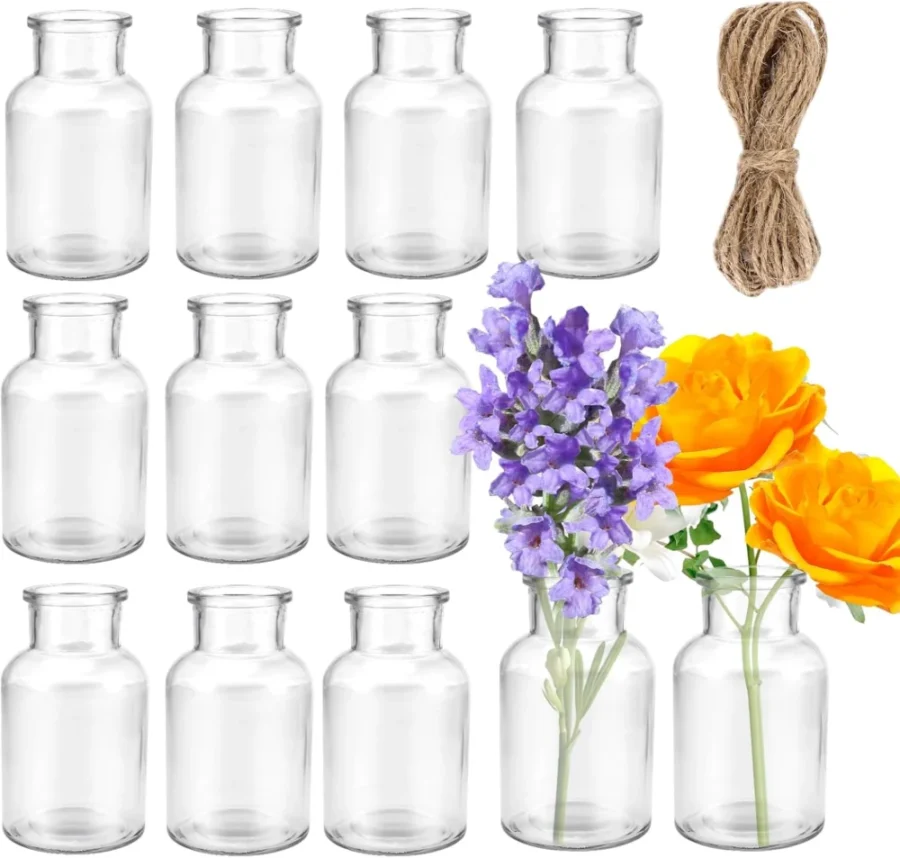 Lot de 12 petits vases en verre, corde de jute, 250 ml