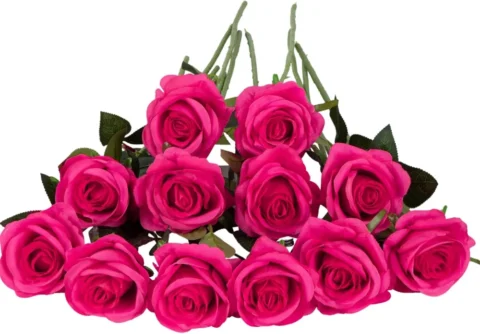 Lot de 12 roses artificielles fuchsia, longues tiges 53 cm