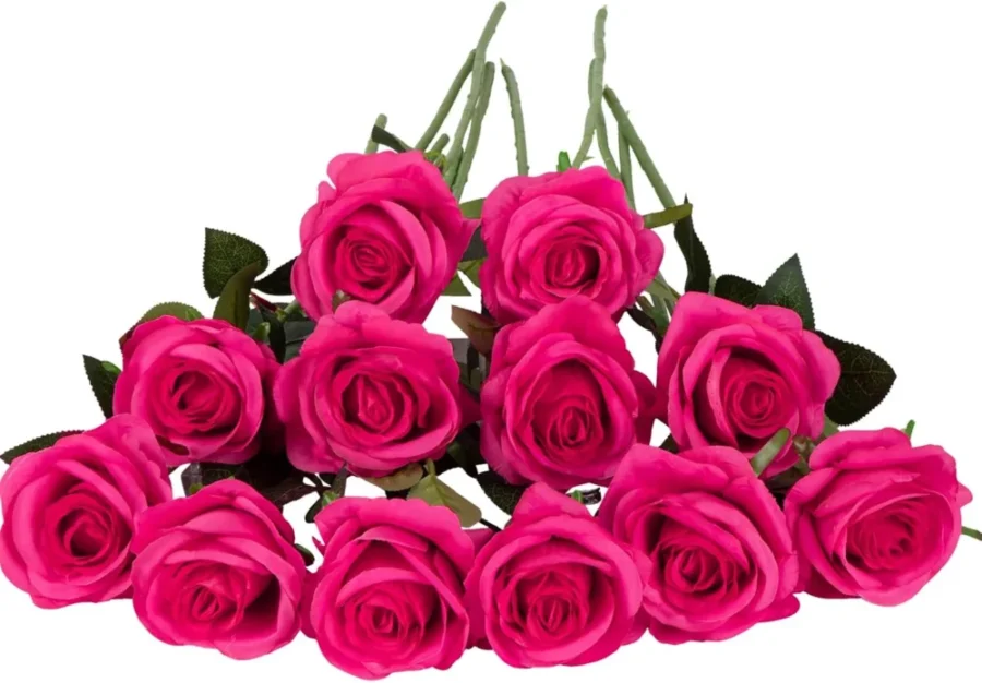 Lot de 12 roses artificielles fuchsia, longues tiges 53 cm