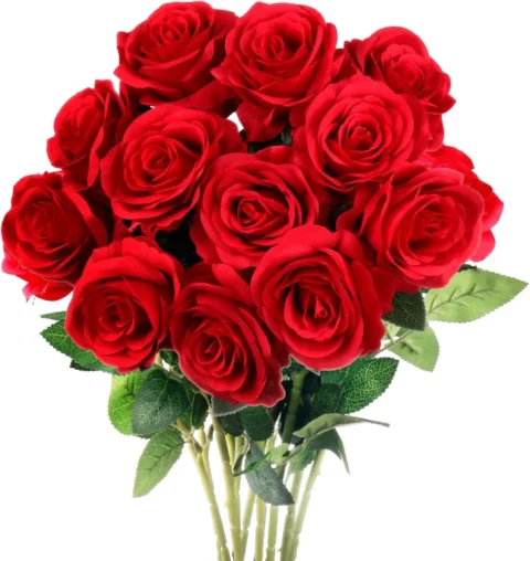 Lot de 12 roses artificielles rouges à tige unique