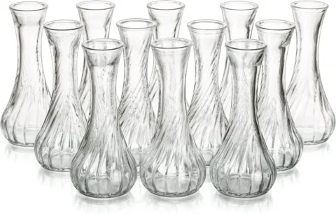 Lot de 12 soliflores en verre transparent, col étroit