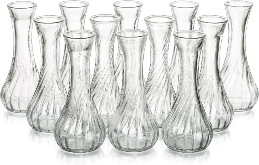 Lot de 12 soliflores en verre transparent, col étroit