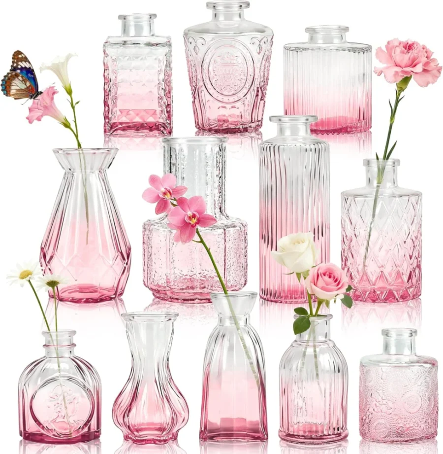 Lot de 12 vases roses en verre pour centre de table