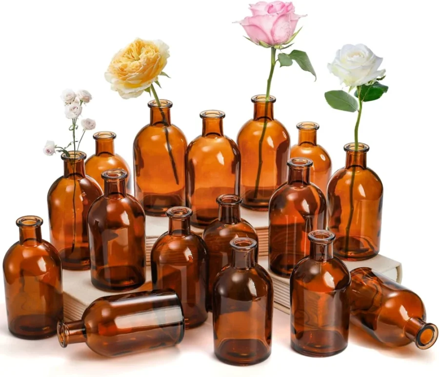 Lot de 16 vases à bourgeons en verre ambré, 13 cm