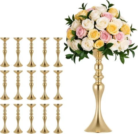 Lot de 16 vases mariage en métal doré, 38 cm
