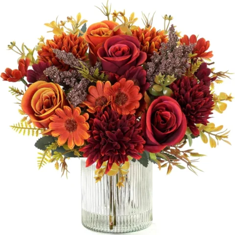 Lot de 2 bouquets de fleurs artificielles orange-rouge