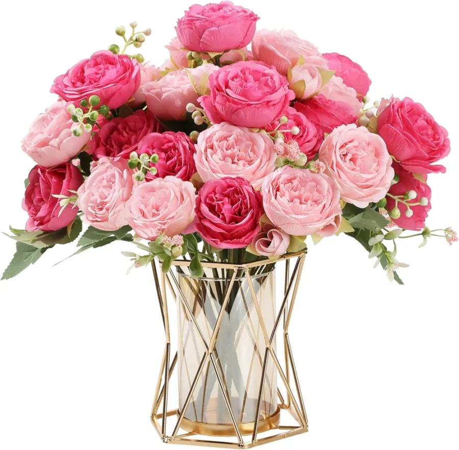 Lot de 2 bouquets de pivoines artificielles avec vase