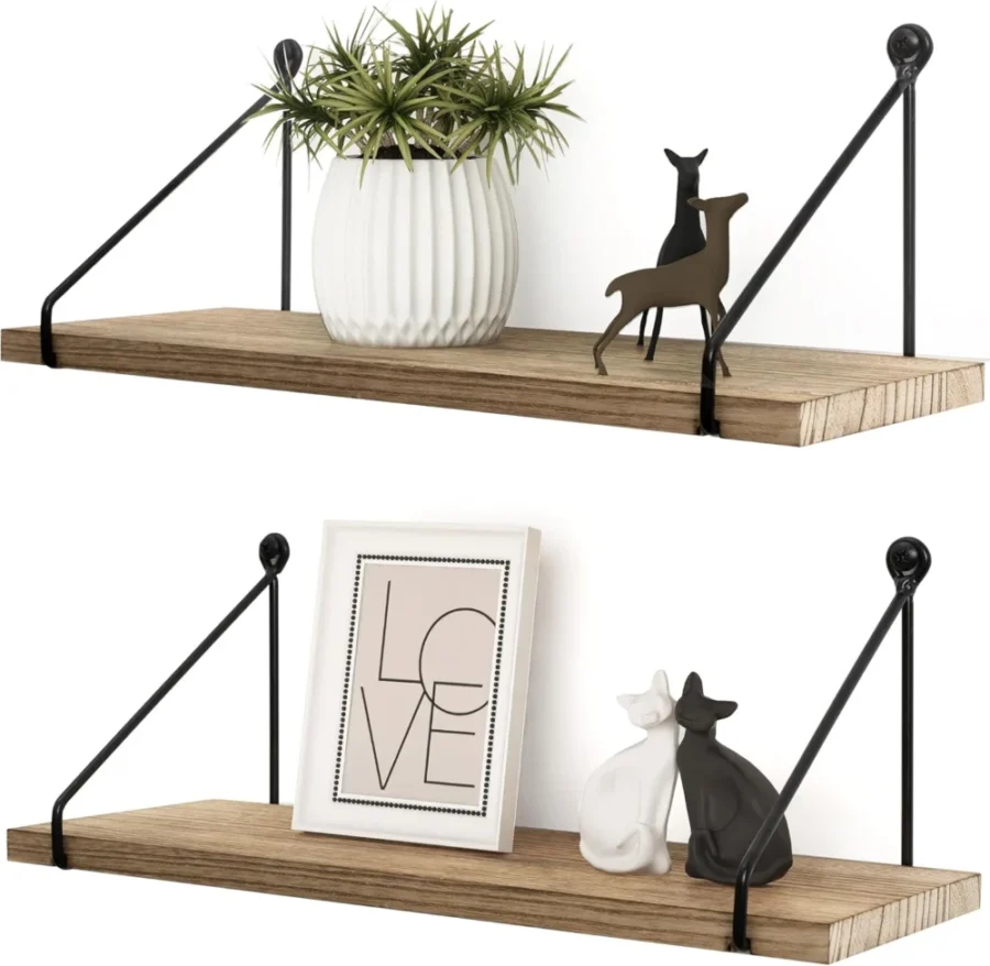 Lot de 2 étagères murales rustiques bois et métal, 40 cm