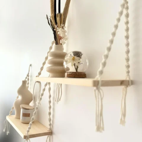 Lot de 2 étagères murales suspendues en bois, macramé