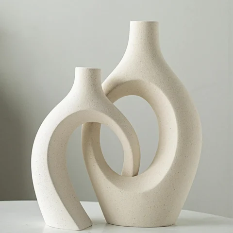 Lot de 2 grands vases creux en céramique beige, XL
