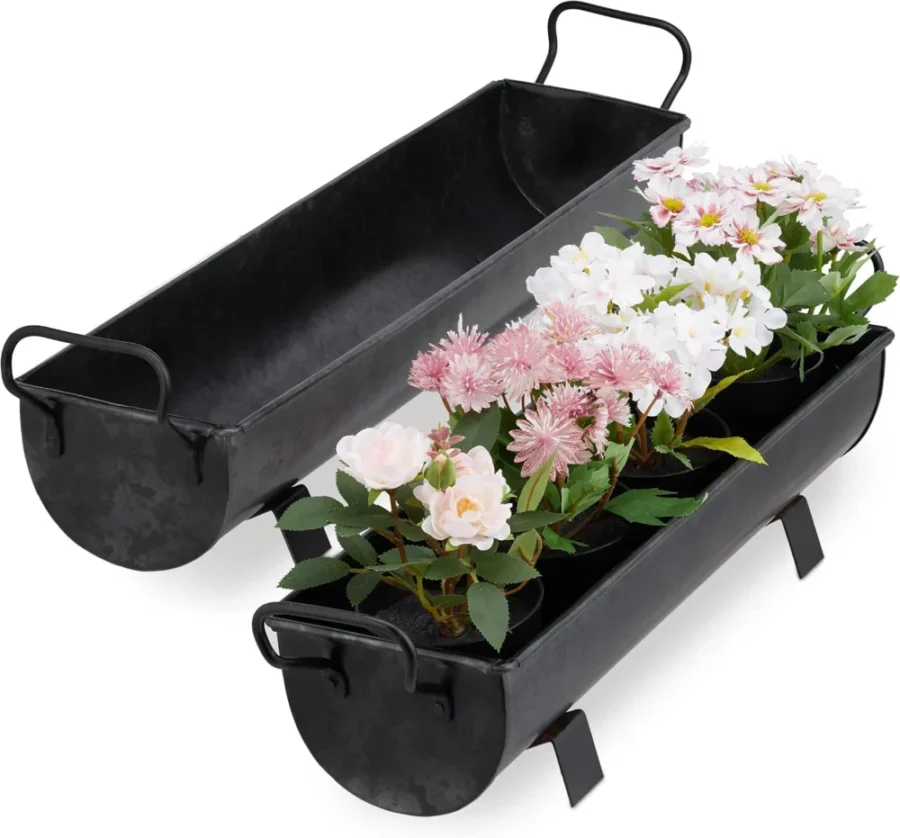 Lot de 2 jardinières gouttière en fer vintage anthracite