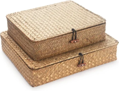 Lot de 2 paniers plats avec couvercle en jonc de mer