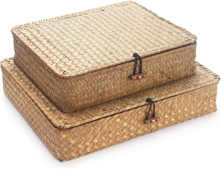 Lot de 2 paniers plats avec couvercle en jonc de mer