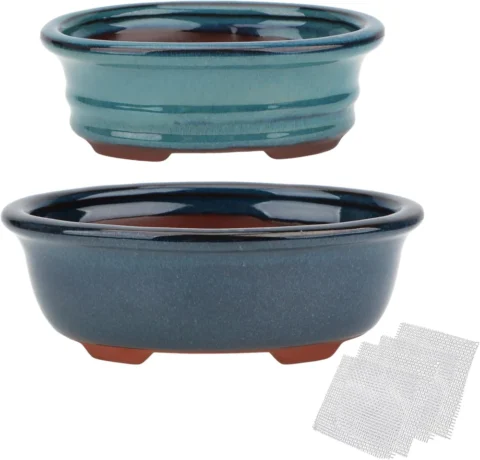 Lot de 2 pots à bonsaï émaillés bleus avec grilles
