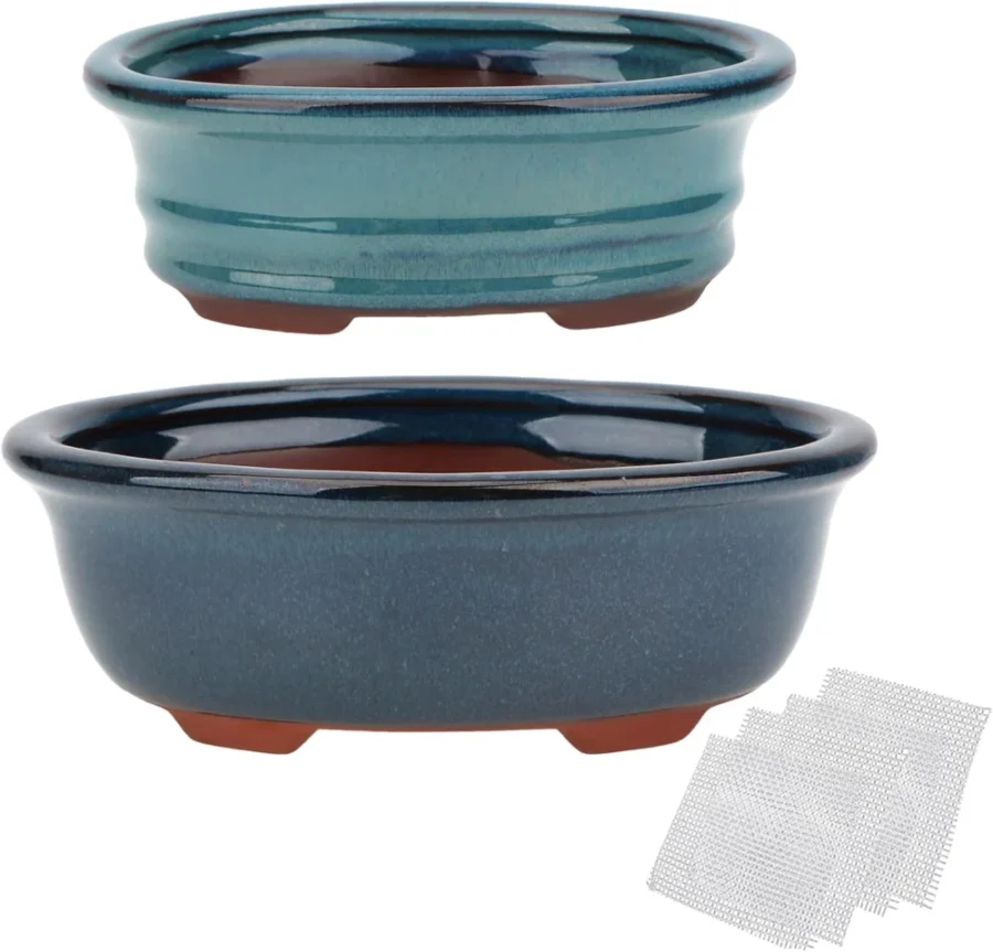 Lot de 2 pots à bonsaï émaillés bleus avec grilles