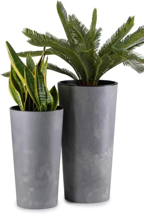 Lot de 2 pots de fleurs effet béton clair sur pieds