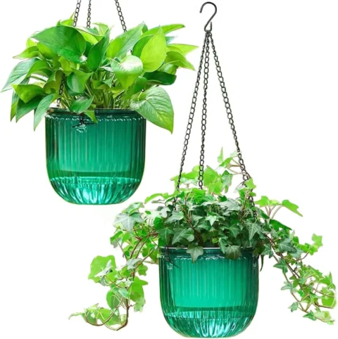 Lot de 2 pots de fleurs suspendus auto-arrosants, émeraude