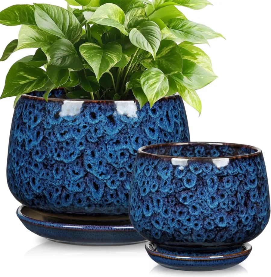 Lot de 2 pots en céramique bleue, 19 et 15 cm