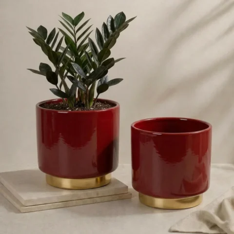 Lot de 2 pots en céramique rouge foncé et base dorée