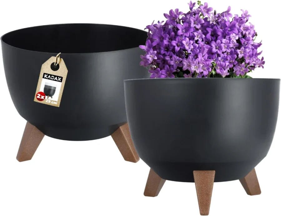 Lot de 2 pots sur pieds effet bois, noir, 29 cm