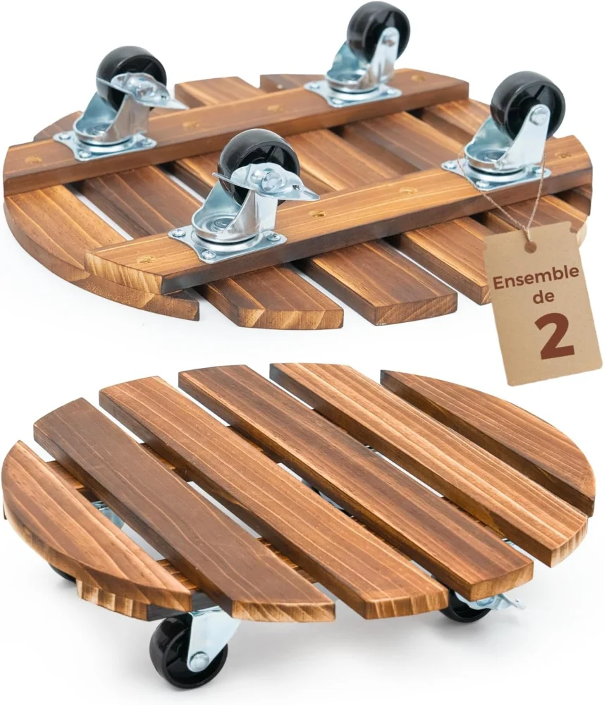 Lot de 2 supports à roulettes pour pots, bois, 30 cm